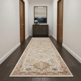 10' Ivory And Red Floral Medallion Distressed Runner Rug