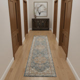 10' Ivory And Blue Floral Medallion Distressed Runner Rug