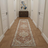 10' Ivory And Red Floral Medallion Distressed Runner Rug