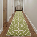 12' Light Green And Off White Floral Runner Rug