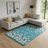 6' X 9' Blue And Cream Floral Area Rug