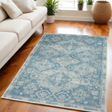 5' X 7' Ivory and Light Blue Medallion Distressed Area Rug