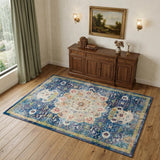 4' X 6' Navy Blue and Gold Floral Medallion Distressed Non Skid Area Rug