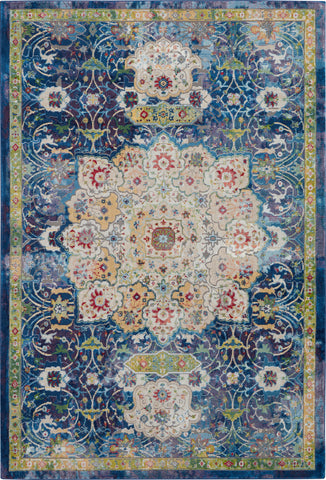 4' X 6' Navy Blue and Gold Floral Medallion Distressed Non Skid Area Rug