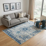 5' X 7' Ivory And Light Blue Floral Medallion Distressed Area Rug