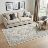 5' X 7' Ivory And Gray Floral Medallion Distressed Area Rug