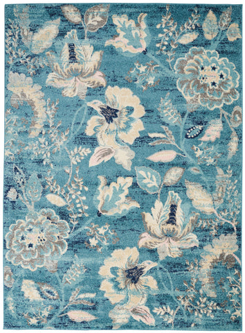 5' X 7' Turquoise Cream and Navy Blue Floral Distressed Area Rug