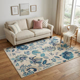 5' X 7' Ivory Navy Blue And Light Blue Floral Area Rug