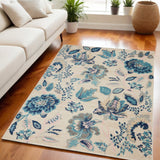5' X 7' Ivory Navy Blue And Light Blue Floral Area Rug