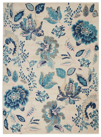 5' X 7' Ivory Navy Blue And Light Blue Floral Area Rug