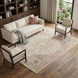 6' X 9' Ivory Pink And Gray Floral Medallion Distressed Area Rug