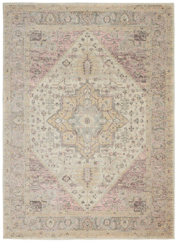 6' X 9' Ivory Pink And Gray Floral Medallion Distressed Area Rug