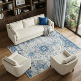 6' X 9' Ivory And Light Blue Floral Medallion Distressed Area Rug