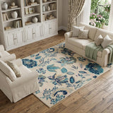 6' X 9' Ivory Navy Blue And Light Blue Floral Area Rug