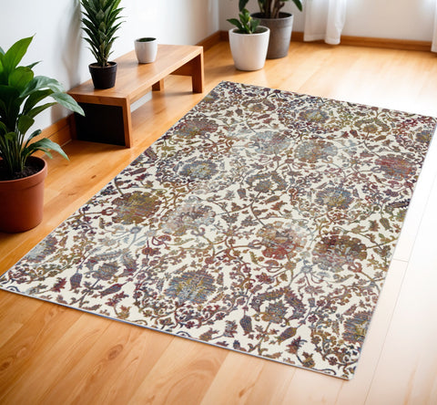 4' X 6' White and Golden Brown Floral Distressed Non Skid Area Rug