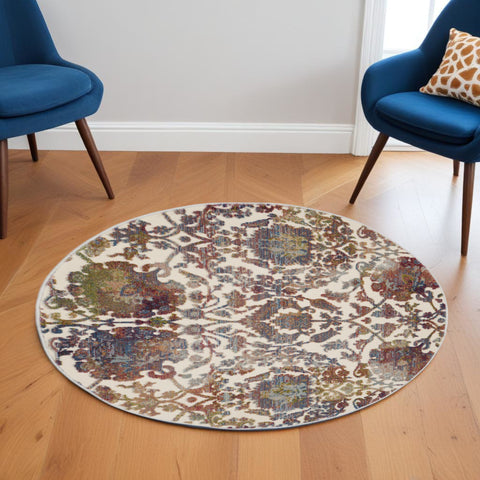 6' White and Golden Brown Floral Distressed Non Skid Round Rug