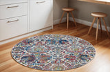 6' Ivory Blue and Gray Floral Distressed Non Skid Round Rug