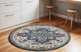 6' Navy Blue and Ivory Floral Medallion Distressed Non Skid Round Rug