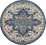 6' Navy Blue and Ivory Floral Medallion Distressed Non Skid Round Rug