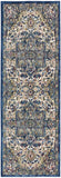 6' Navy Blue and Ivory Floral Medallion Distressed Non Skid Runner Rug