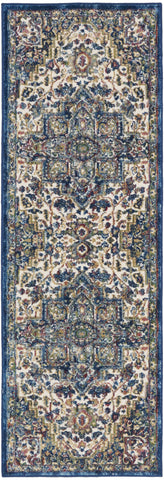 6' Navy Blue and Ivory Floral Medallion Distressed Non Skid Runner Rug
