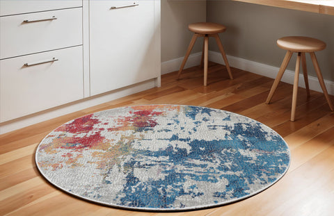 6' Ivory Red and Blue Abstract Distressed Non Skid Round Rug