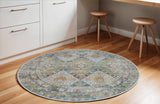 6' Ivory Blue and Green Floral Distressed Non Skid Round Rug