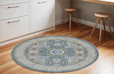 6' Ivory Blue and Green Oriental Distressed Non Skid Round Rug