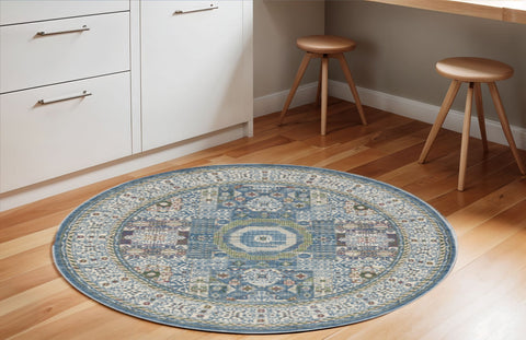 6' Ivory Blue and Green Oriental Distressed Non Skid Round Rug