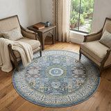 6' Ivory Blue and Green Oriental Distressed Non Skid Round Rug