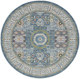 6' Ivory Blue and Green Oriental Distressed Non Skid Round Rug