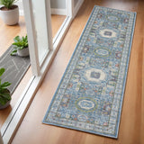 6' Ivory Blue and Green Oriental Distressed Non Skid Runner Rug