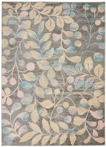 5' X 7' Beige Gray And Blue Tropical Floral Area Rug