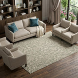8' X 10' Olive Green and Ivory Damask Distressed Non Skid Area Rug