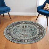 6' Teal Blue Orange and Black Floral Distressed Non Skid Round Rug