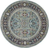 6' Teal Blue Orange and Black Floral Distressed Non Skid Round Rug