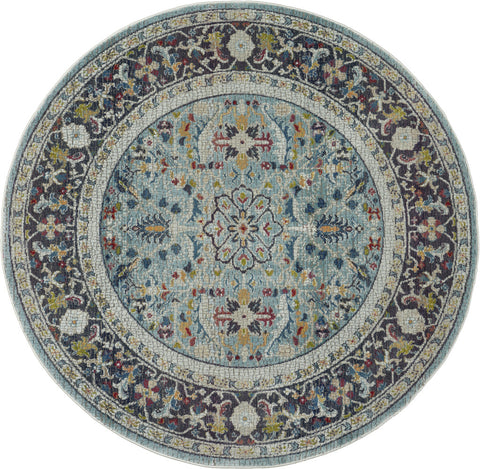 6' Teal Blue Orange and Black Floral Distressed Non Skid Round Rug