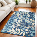 5' X 7' Navy Blue and Beige Botanical Leaves Area Rug
