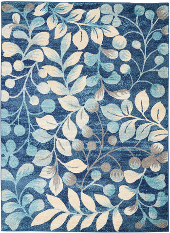 5' X 7' Navy Blue and Beige Botanical Leaves Area Rug