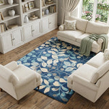 6' X 9' Navy Blue and Beige Botanical Leaves Area Rug