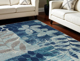6' X 9' Navy Blue Light Blue and Gray Botanical Leaves Area Rug