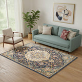 5' X 7' Navy Blue Yellow And Red Floral Medallion Area Rug