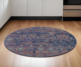 6' Navy Blue and Orange Ogee Distressed Non Skid Round Rug