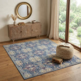 4' X 6' Ivory Navy Blue and Yellow Floral Distressed Non Skid Area Rug