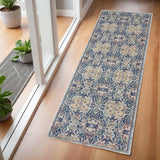 6' Ivory Navy Blue and Yellow Floral Distressed Non Skid Runner Rug