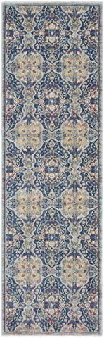6' Ivory Navy Blue and Yellow Floral Distressed Non Skid Runner Rug