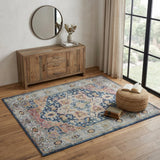 4' X 6' Ivory Blue and Orange Floral Medallion Distressed Non Skid Area Rug