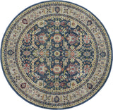 6' Navy Blue and Yellow Floral Distressed Non Skid Round Rug
