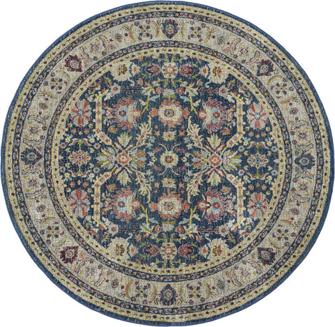 6' Navy Blue and Yellow Floral Distressed Non Skid Round Rug