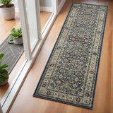 6' Navy Blue and Yellow Floral Distressed Non Skid Runner Rug